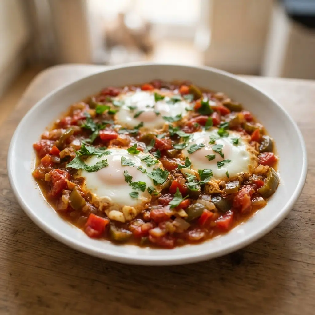 North African poached eggs set in tomato and pepper sauce with parsley, served in a shallow skillet.