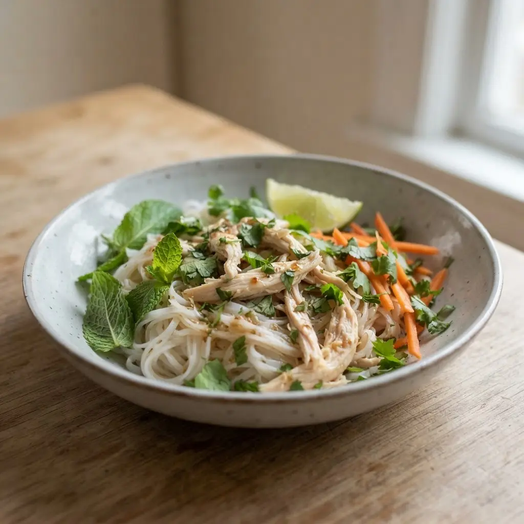 Vietnamese chicken herb rice noodle bowl with mint, cilantro, carrots, and lime for healthy breakfast ideas.