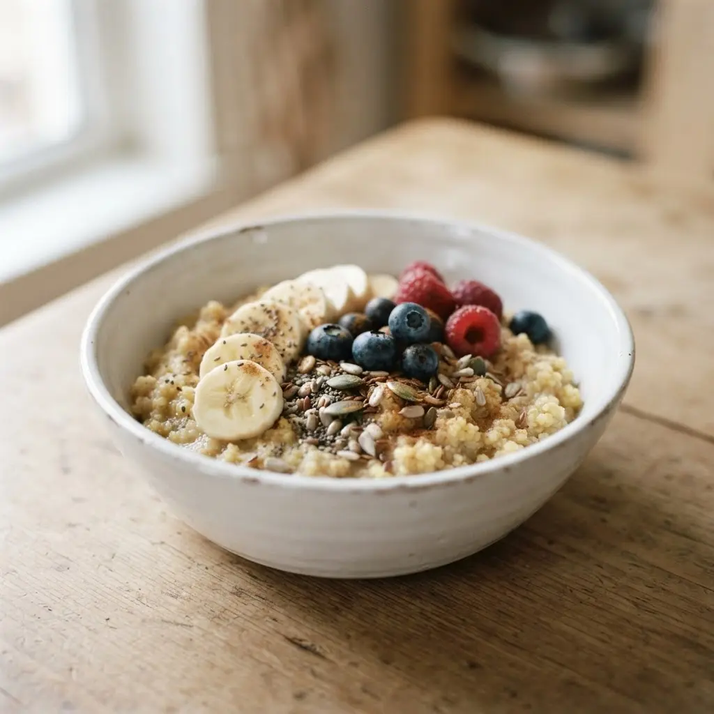 East African millet sorghum porridge topped with seeds, banana slices, and berries for healthy breakfast ideas.
