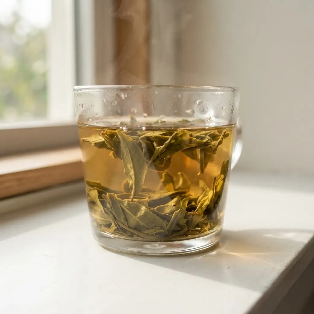 Clear glass cup of green tea beside loose leaves, showing a warm infusion for healthiest teas.