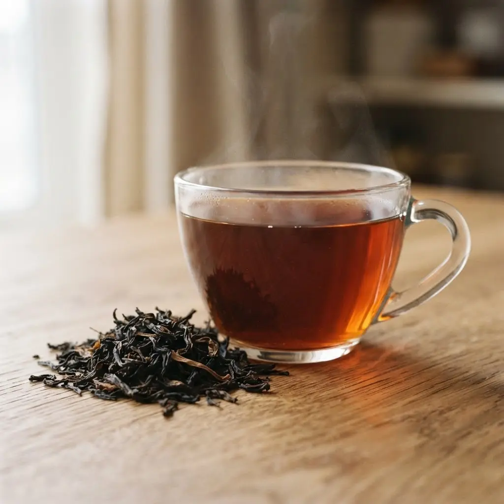 Black tea in a clear cup beside dark loose leaves, with a simple heart-health reference card.