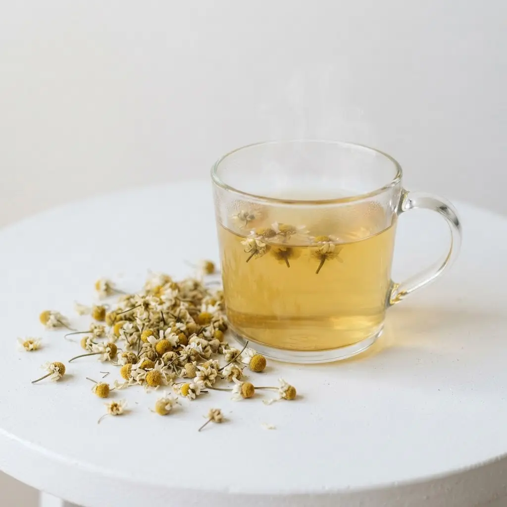 Pale chamomile tea in glassware with dried flowers and a small bedtime notes card for healthiest teas.