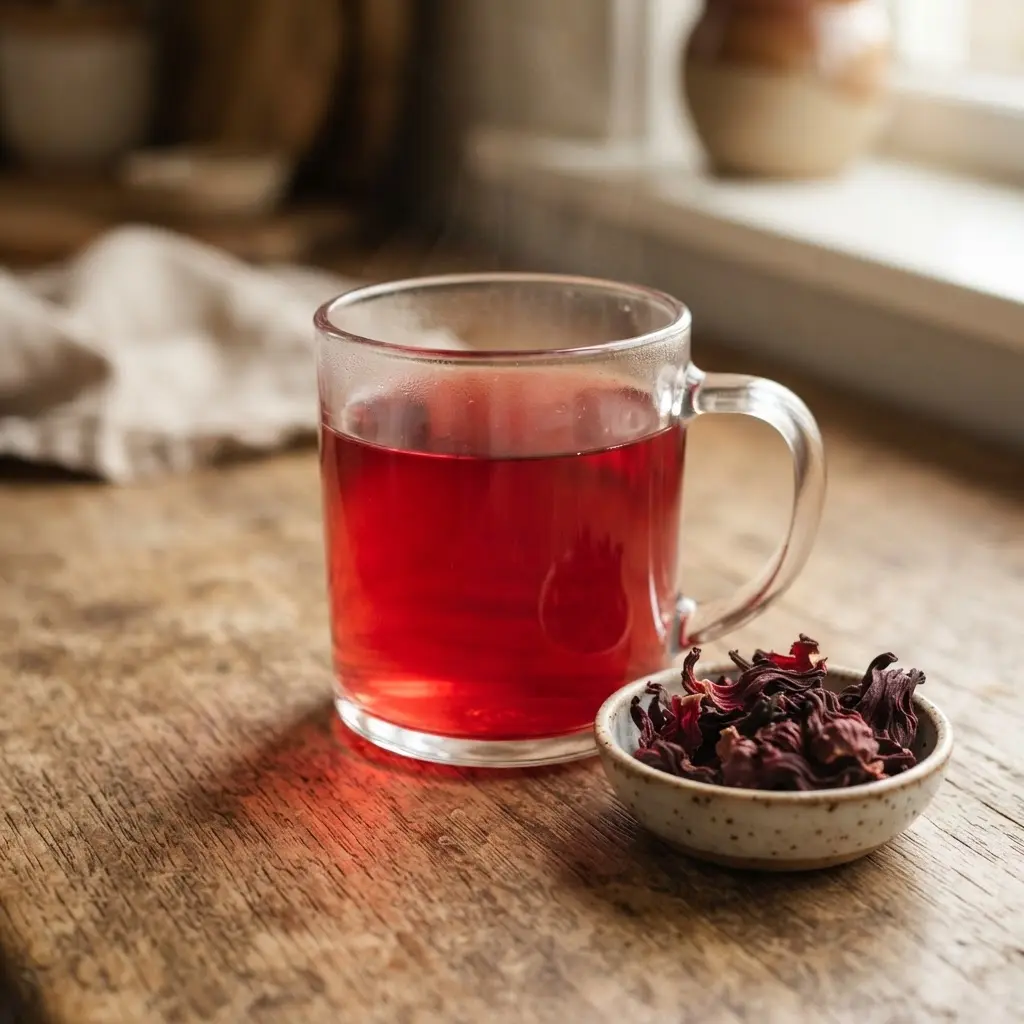Ruby hibiscus tea in a clear glass beside dried petals and a blood pressure notes card.