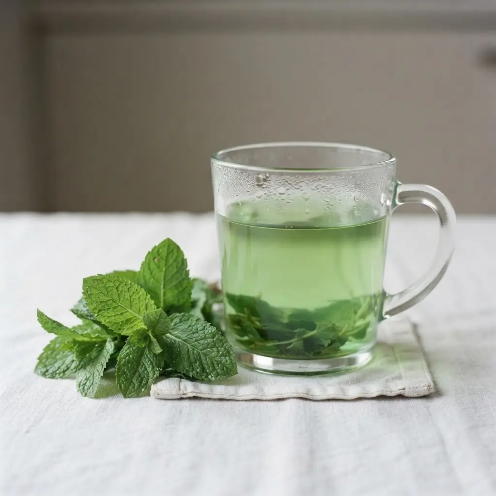 Fresh peppermint tea with green leaves in a clear cup beside a digestive use notes card for healthiest teas.
