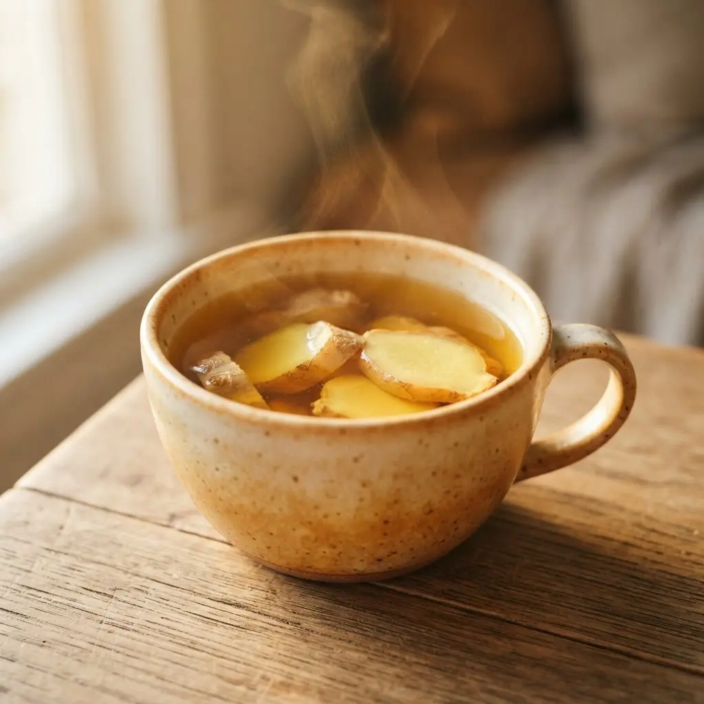 Golden ginger tea in a ceramic cup with sliced ginger and turmeric-colored steam.