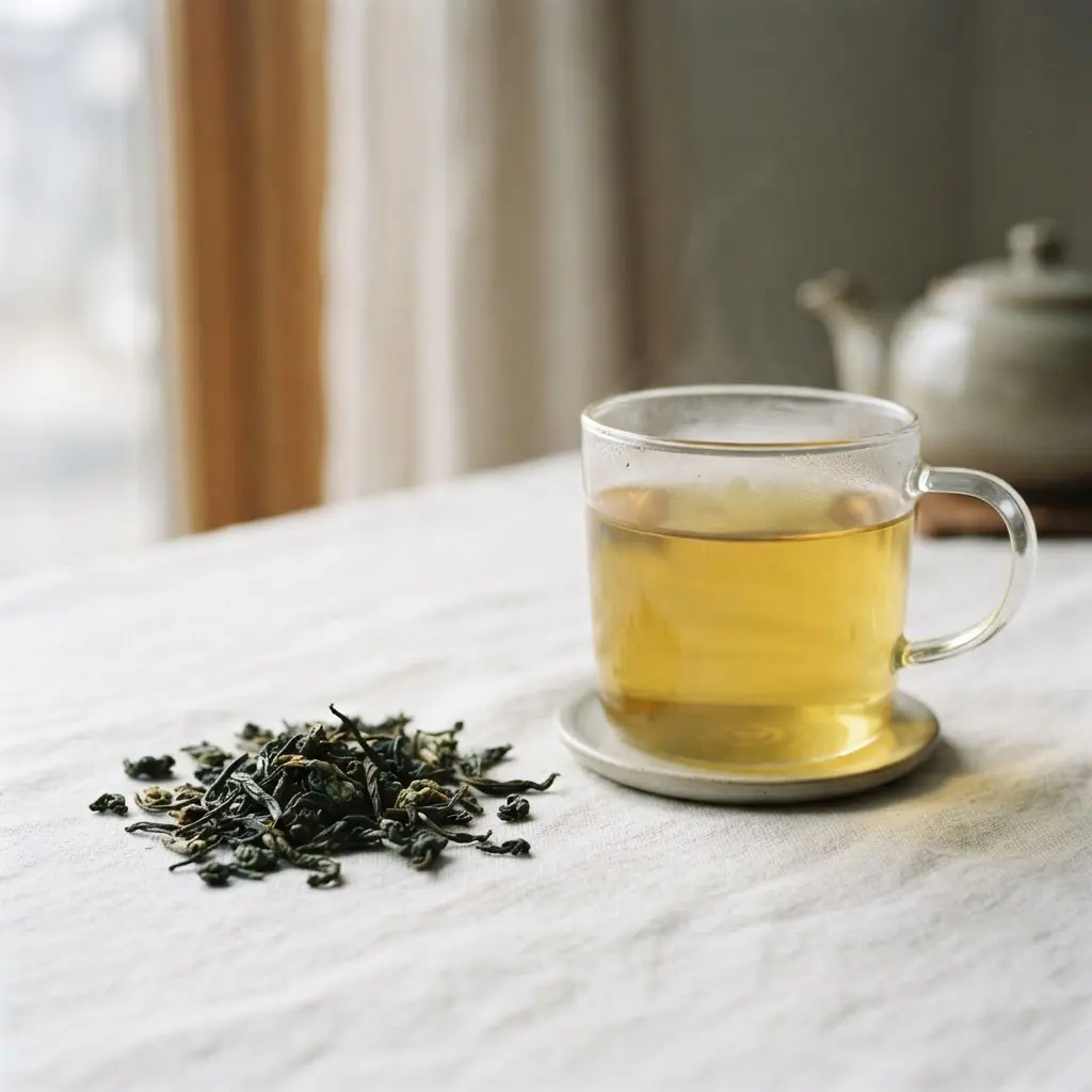 Green tea in a glass cup beside loose leaves and a small card about L-theanine focus.