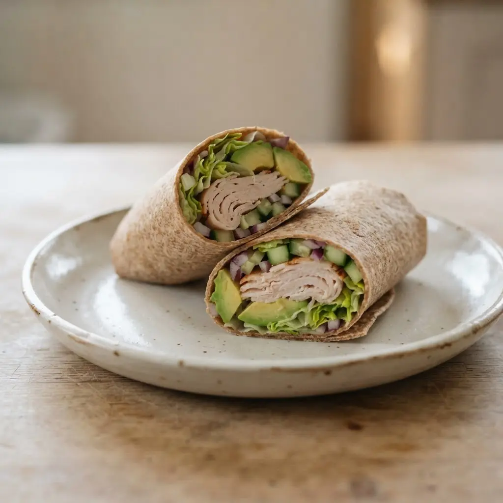 Whole wheat turkey avocado wrap in a sealed lunch container beside ice packs, ready for healthy beach lunch ideas.