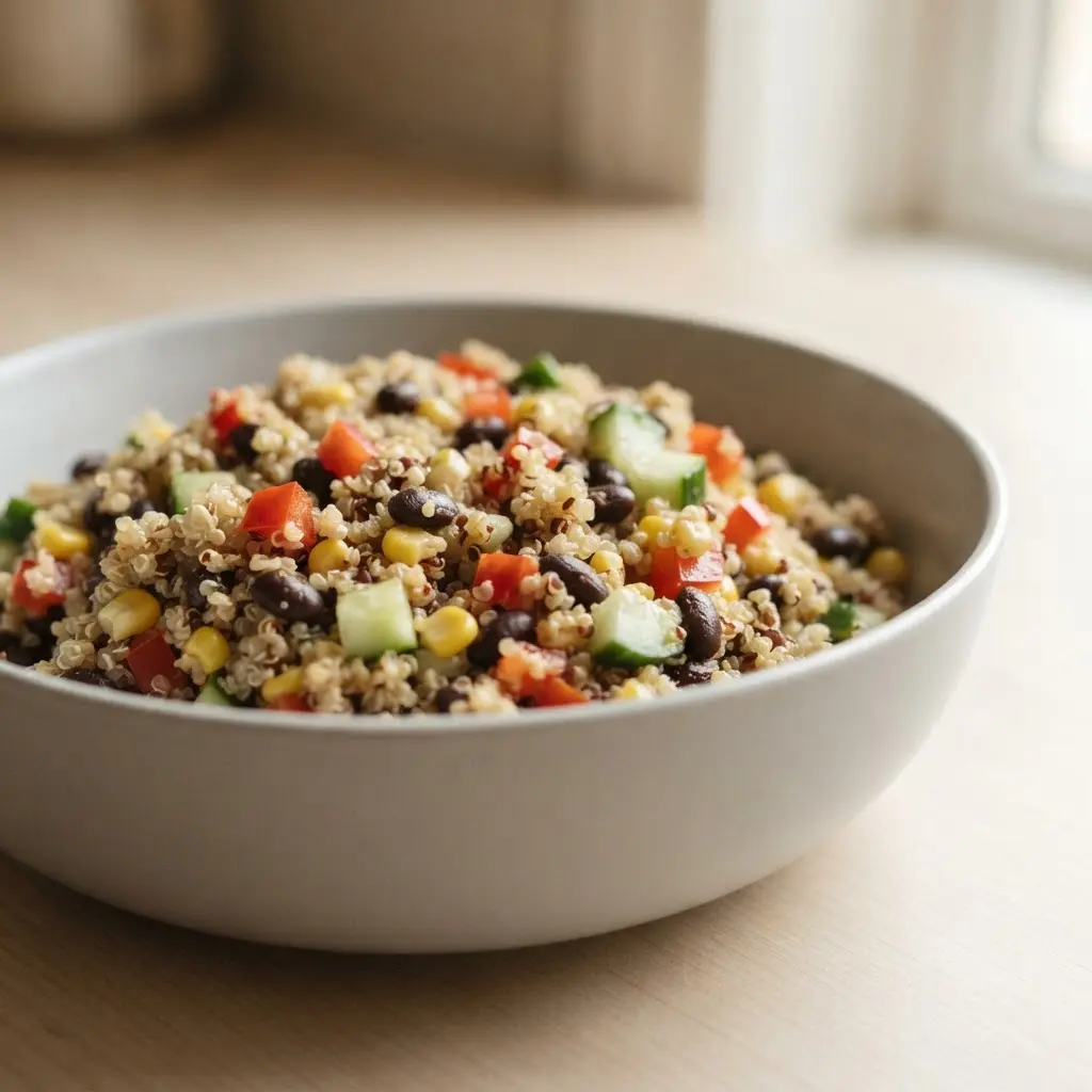 Quinoa, black beans, corn, and diced vegetables fill a leak-resistant container beside a folded napkin.