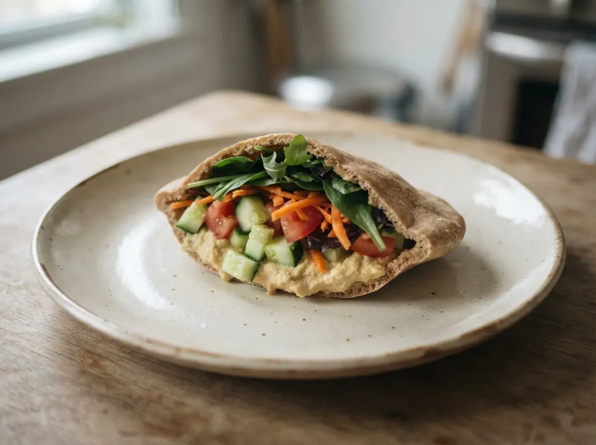 Hummus garden vegetable pita pocket with cucumber, tomato, and greens in a bamboo lunch box for healthy beach lunch ideas.