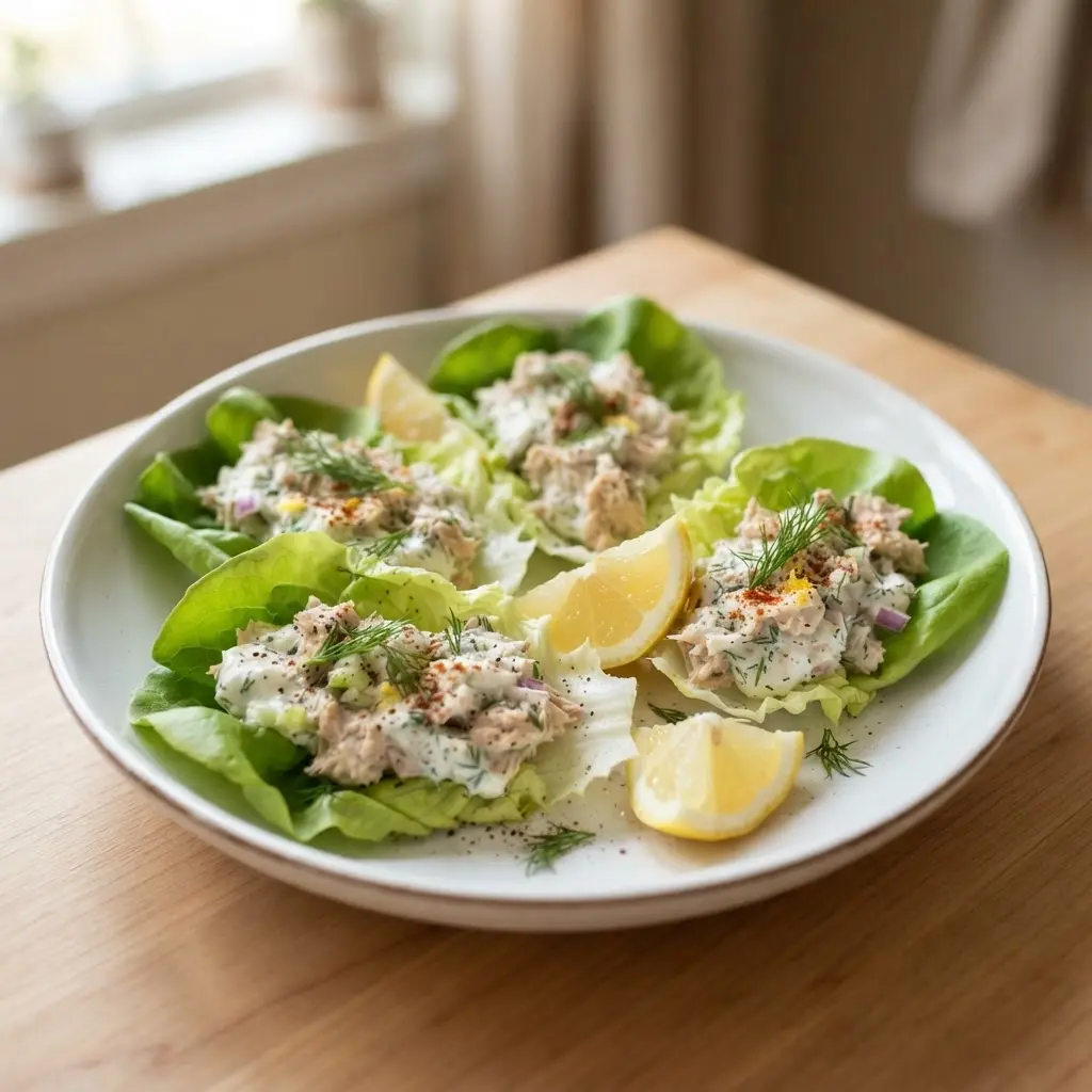 Greek yogurt tuna lettuce boats sit in a chilled container with lettuce leaves, tuna filling, and lemon wedges.
