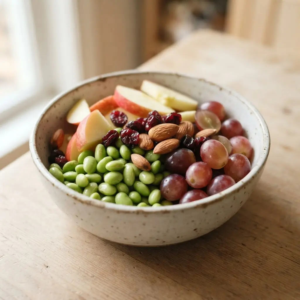 Chilled edamame, sliced fruit, and nuts fill separate sections of a reusable bento box.