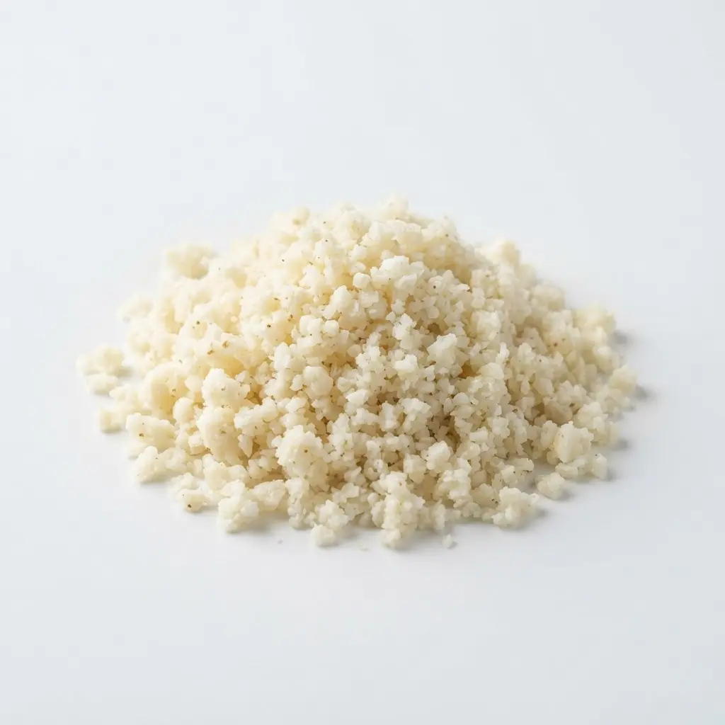 Riced cauliflower on a clean white background.