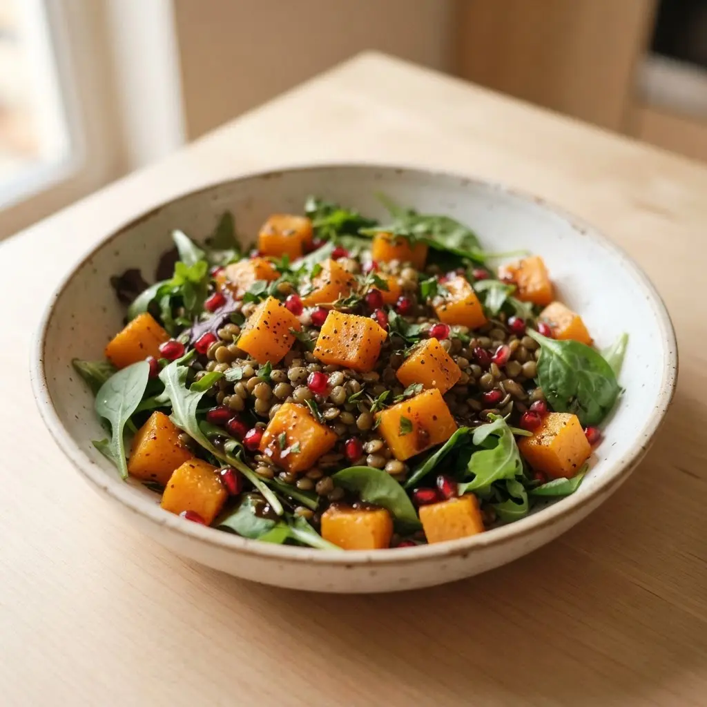 Roasted butternut squash and lentil salad with balsamic dressing, greens, and pomegranate seeds on a platter.