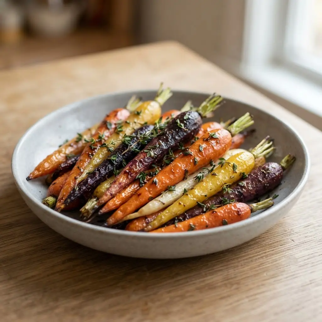 Heirloom carrots roasted with maple and thyme, arranged in warm gold and orange tones on a serving plate.