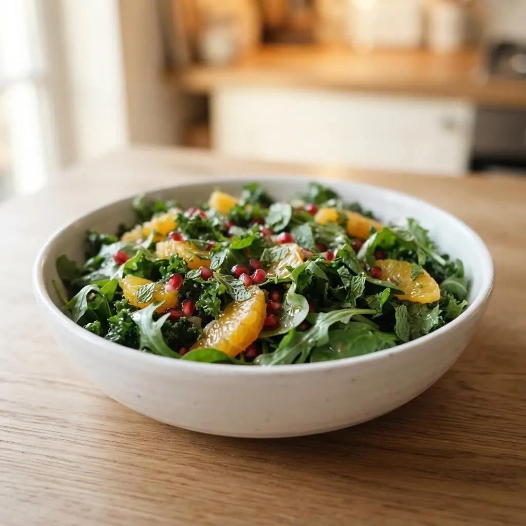 Winter salad with orange segments, pomegranate seeds, leafy greens, and herbs in a wide ceramic bowl.