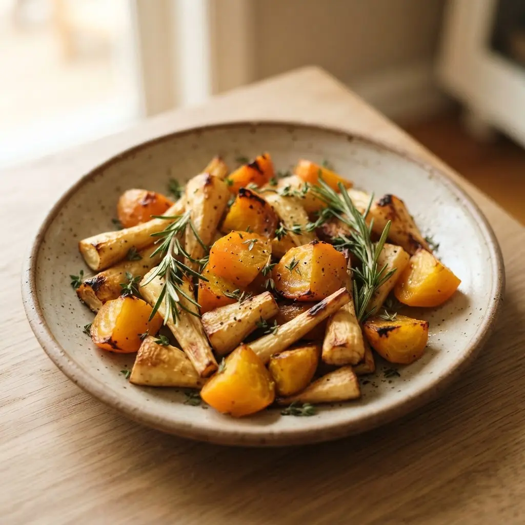 Golden beets and parsnips roasted with herbs on a tray, a colorful healthy Christmas side dish with crisp edges.