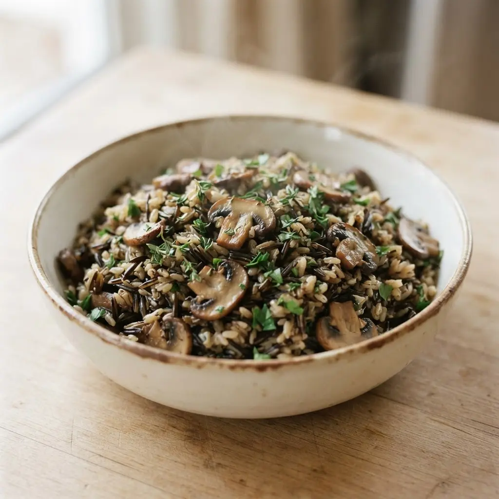 Wild rice pilaf with sliced mushrooms, parsley, and thyme served in a rustic shallow bowl.