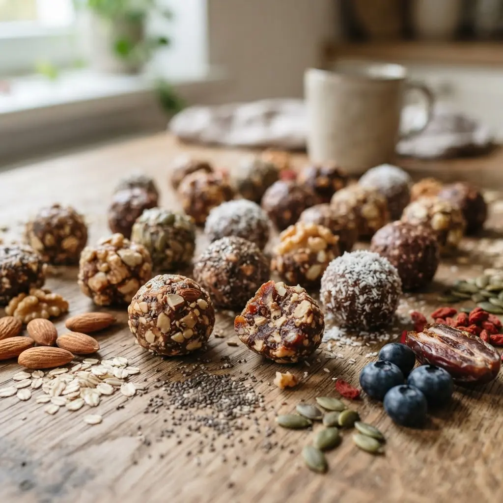 Fresh uncooked healthy energy foods you can eat at any time shown in close-up to highlight natural texture.