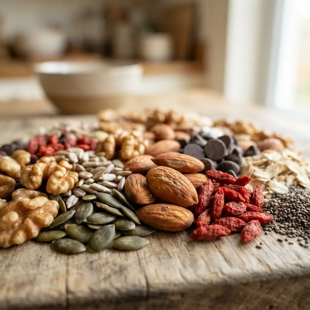 Fresh uncooked healthy energy foods you can eat at any time shown in close-up to highlight natural texture.
