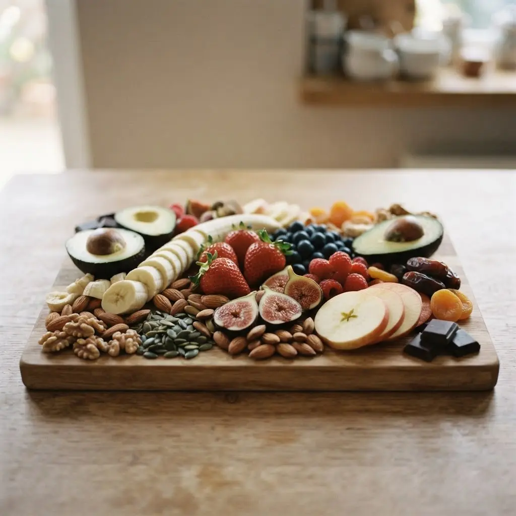 Fresh healthy energy foods you can eat at any time, some whole and some sliced, ready for a healthy meal.