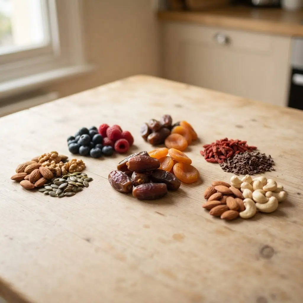Several different kinds of fresh uncooked healthy energy foods you can eat at any time arranged in separate groups by variety.
