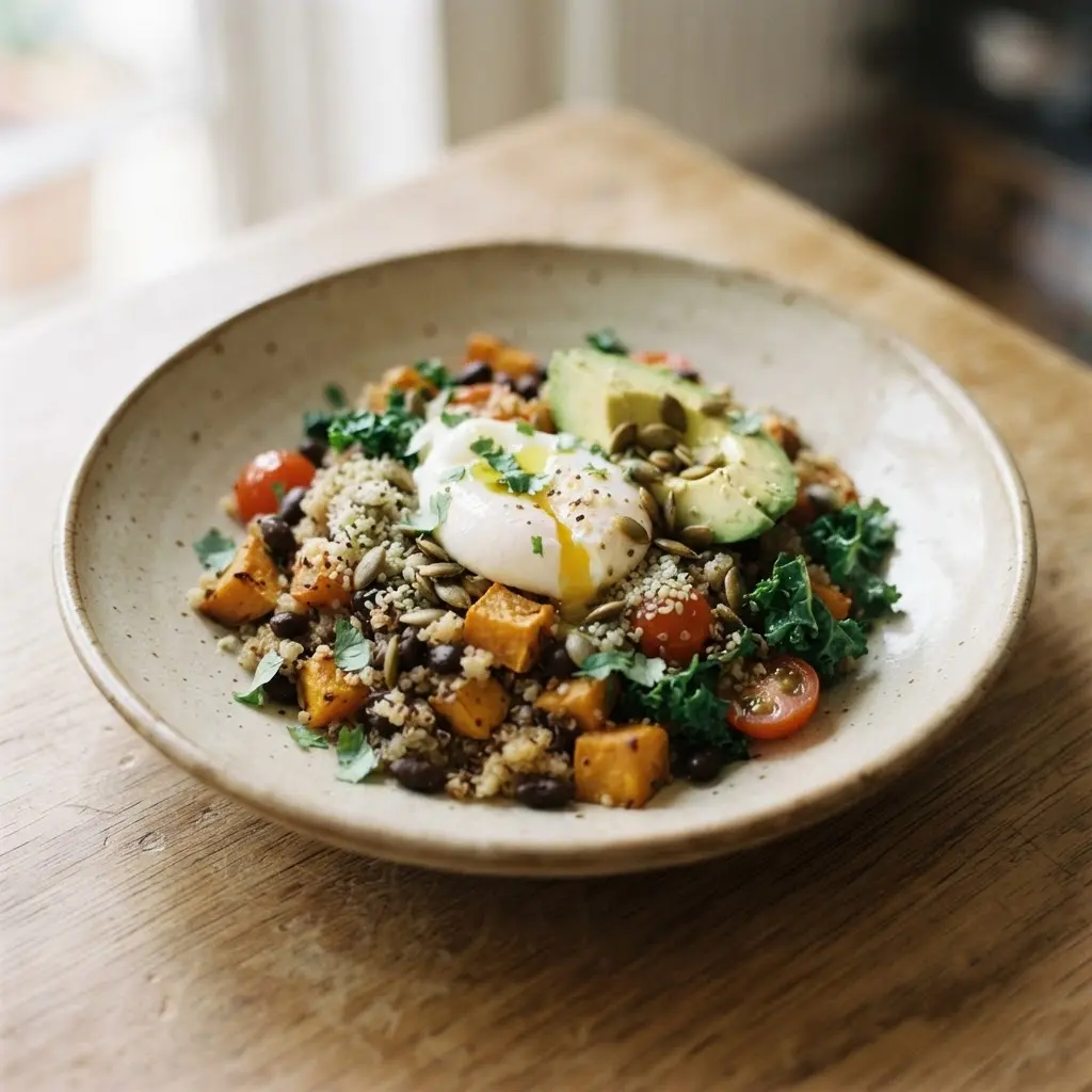 A simple home-cooked dish with healthy energy foods you can eat at any time as the main ingredient served on a ceramic plate.