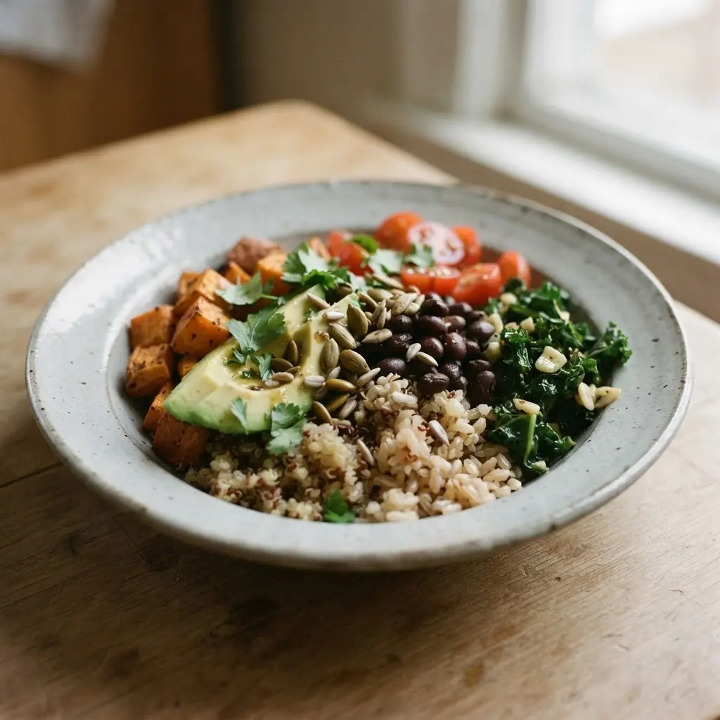 A simple home-cooked dish with healthy energy foods you can eat at any time as the main ingredient served on a ceramic plate.