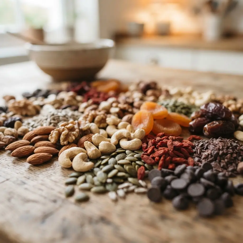 Fresh uncooked healthy energy foods you can eat at any time shown in close-up to highlight natural texture.