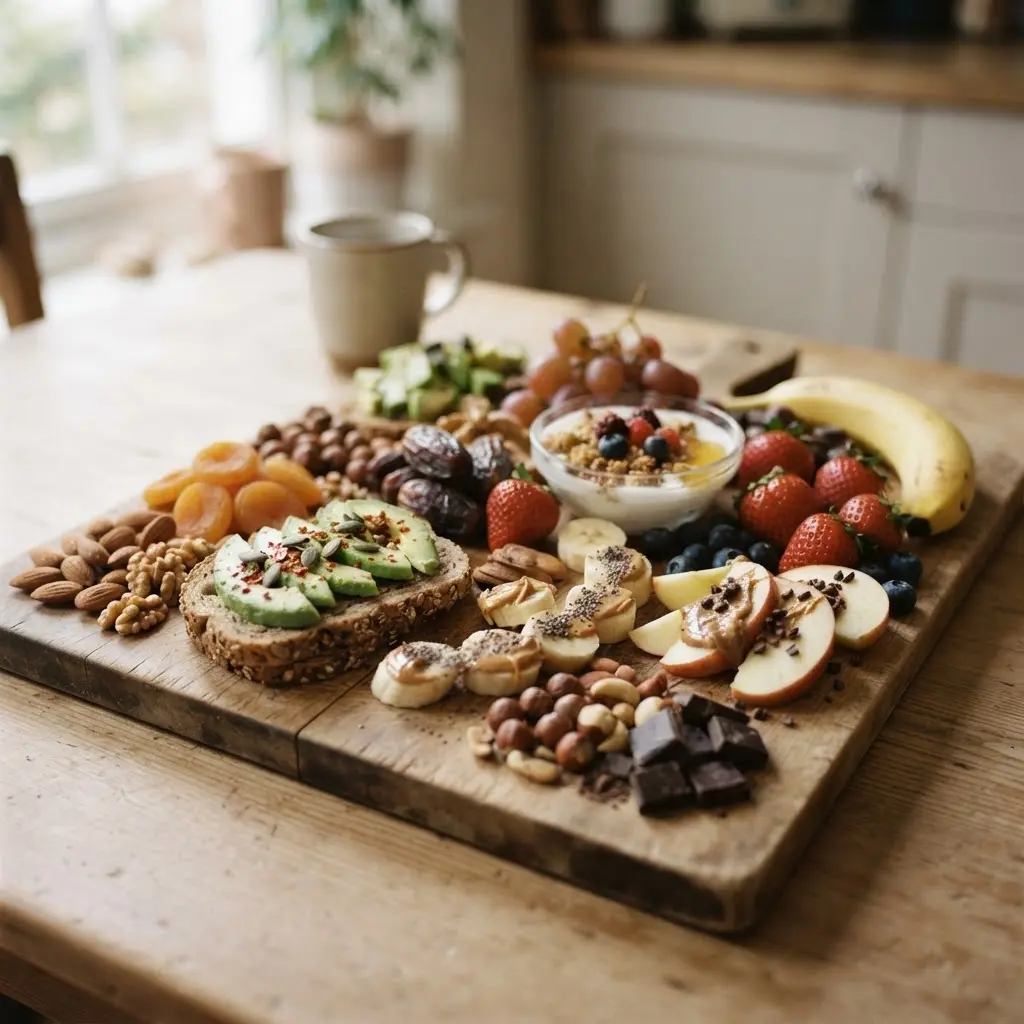 Fresh healthy energy foods you can eat at any time, some whole and some sliced, ready for a healthy meal.