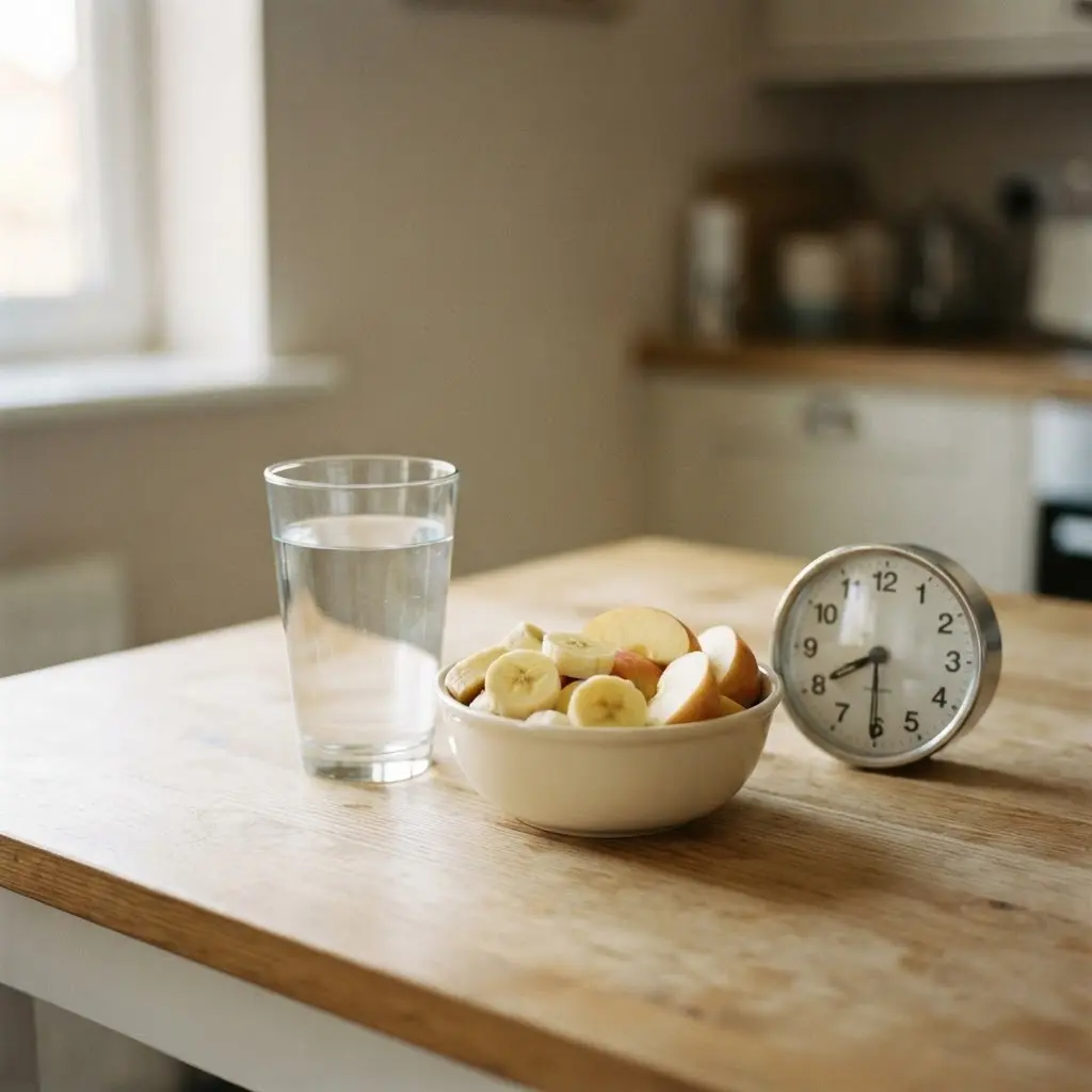 Person checking a simple meal and clock beside water and fruit, showing healthy fasting tips for beginners.
