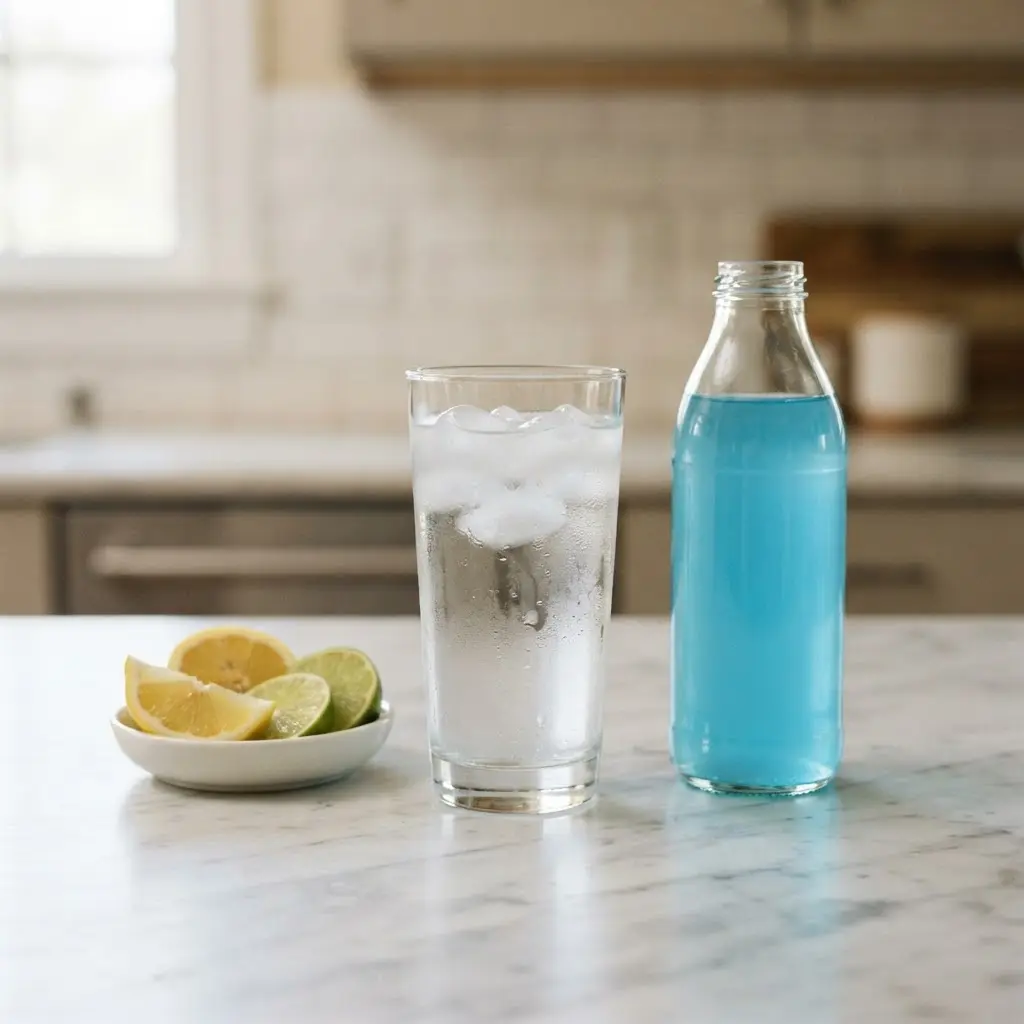 Clear water glass, electrolyte drink, and sliced citrus on a white table during a fasting routine.