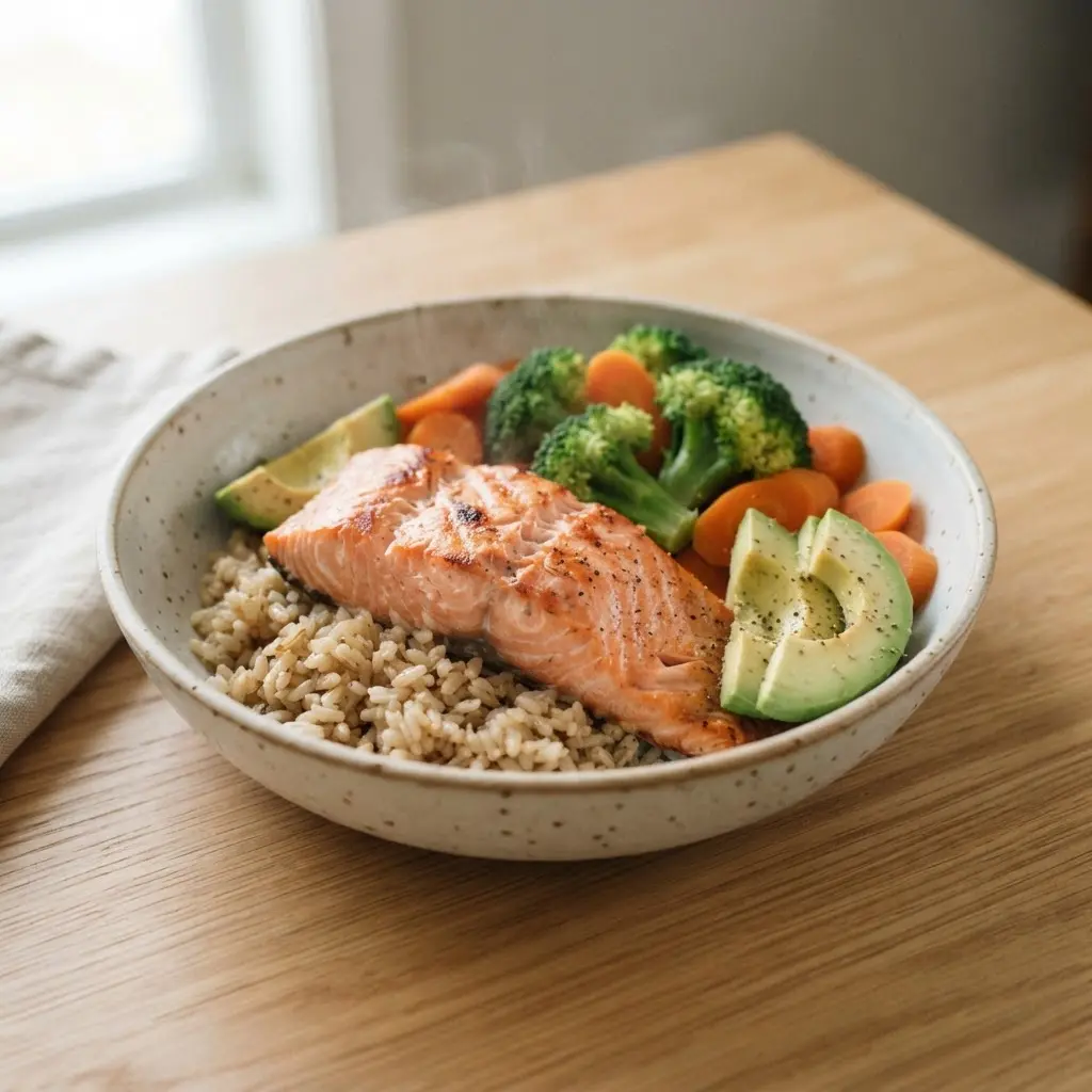 Bowl of salmon, brown rice, avocado, and vegetables arranged as a balanced meal after fasting.
