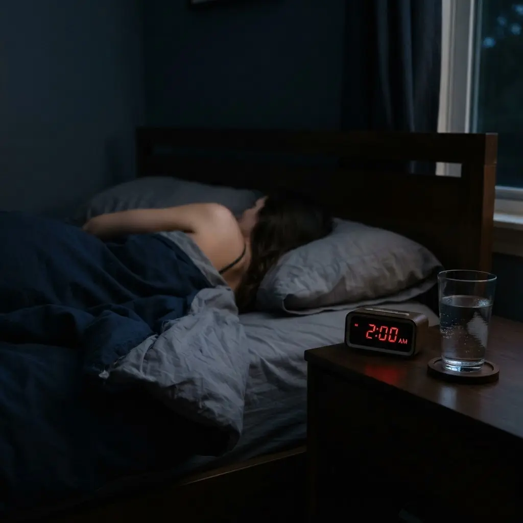Person sleeping in a dark room with a clock and water glass on a bedside table nearby.