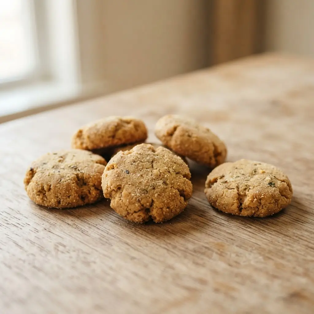 Chickpea flour cookies on a plain wooden surface.