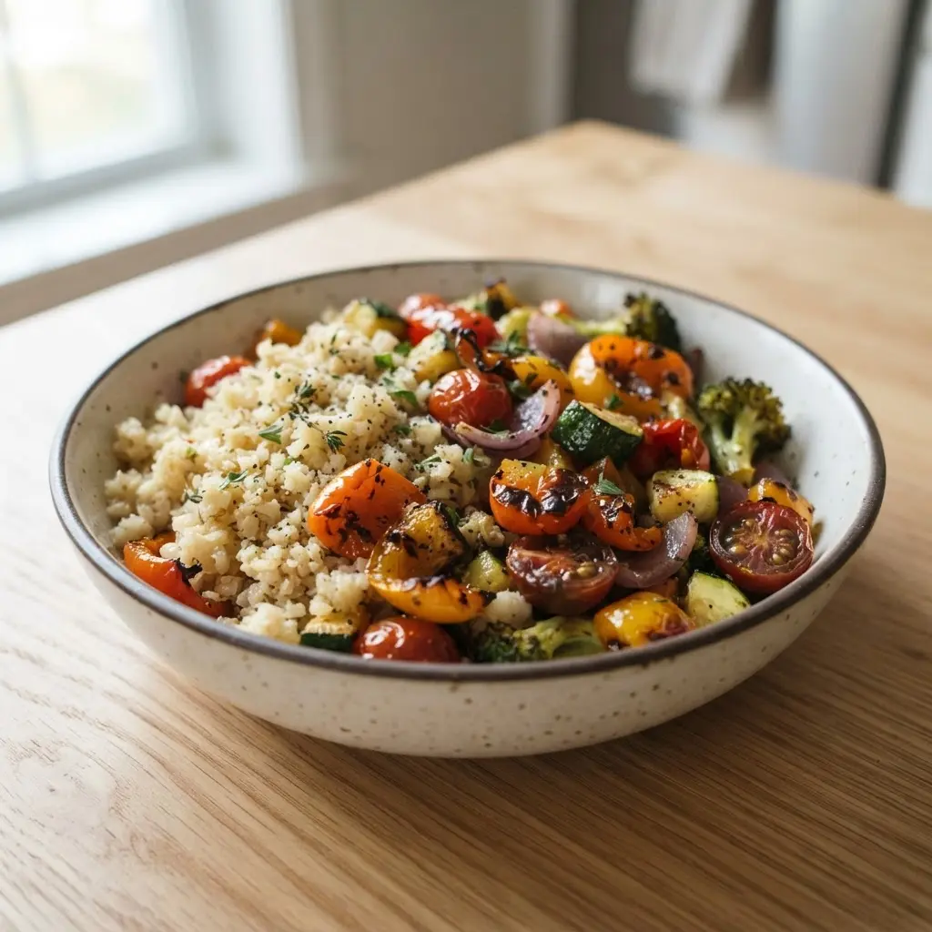A bowl of cauliflower rice beside fresh cauliflower florets, showing a healthy food replacement hack.