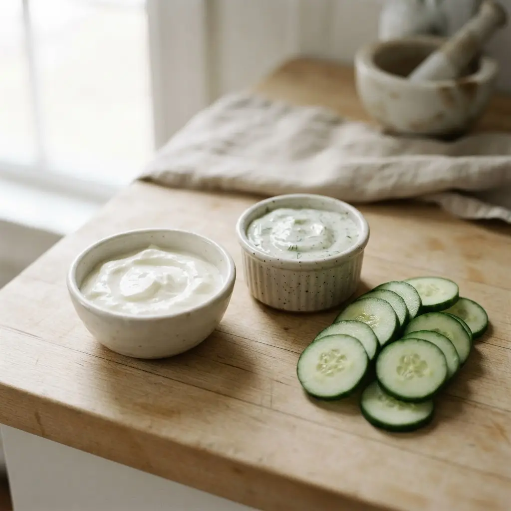 Plain yogurt, oat milk, and cashew cream arranged beside a bowl of creamy dip.