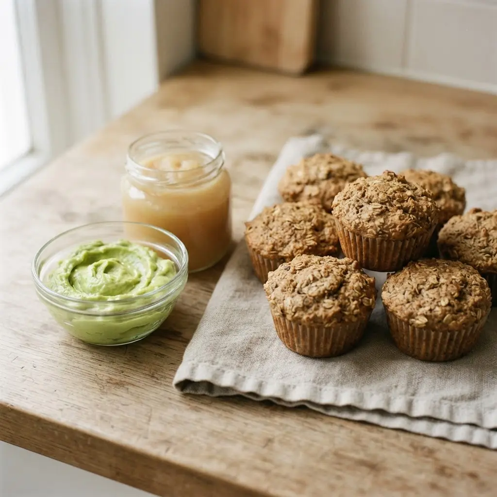 Mashed avocado, applesauce, and whole-grain muffins show healthy replacement hacks for baking fats.