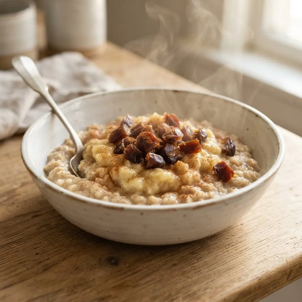 Mashed banana, chopped dates, cinnamon, and oatmeal arranged on a bright kitchen counter.