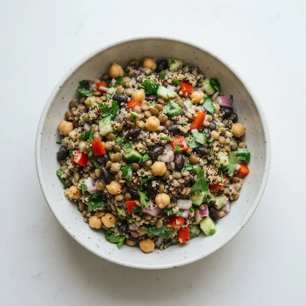 Bowls of lentils, chickpeas, and black beans beside a grain bowl for healthier food swaps.