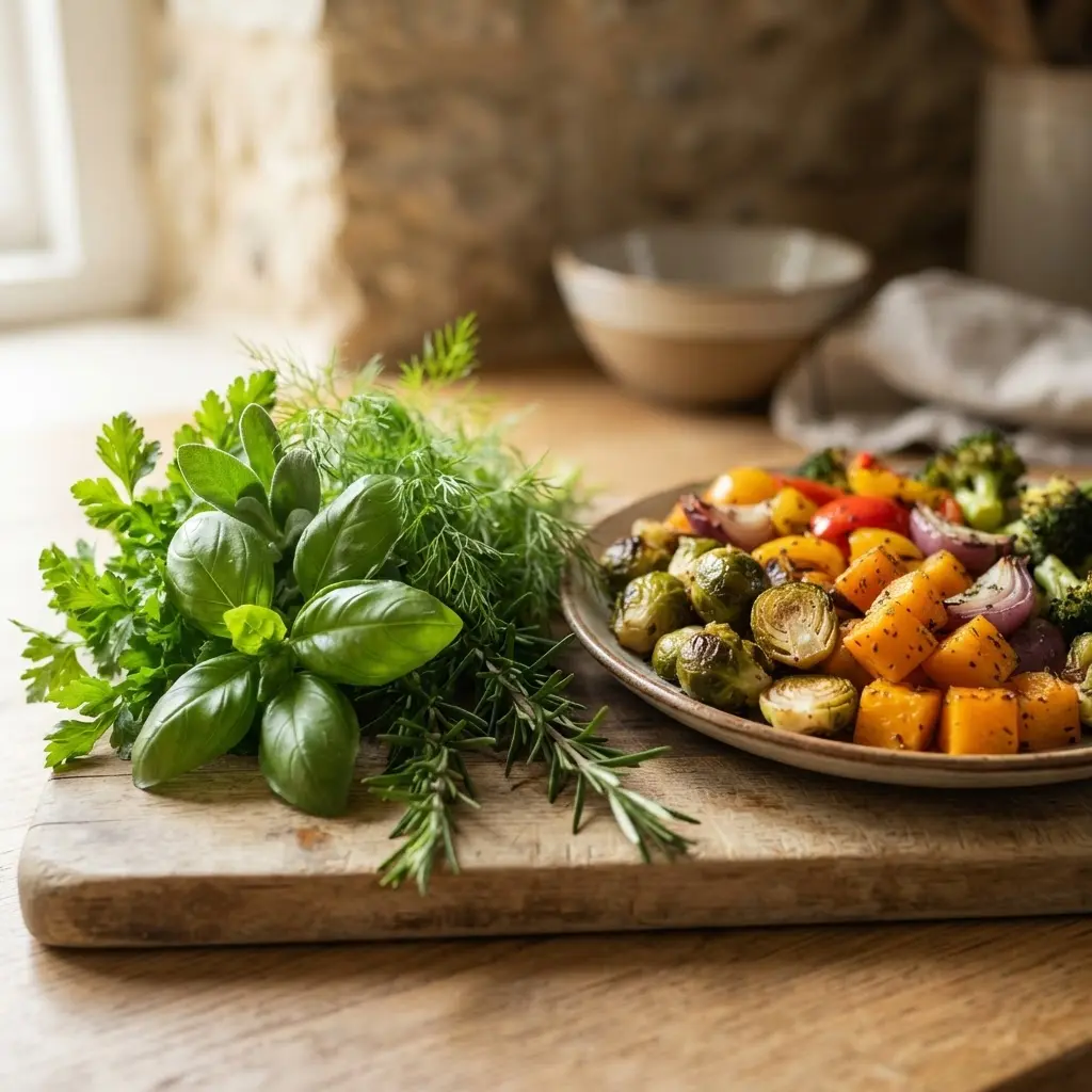 Fresh basil, parsley, dill, and rosemary arranged beside roasted vegetables on a wooden board.