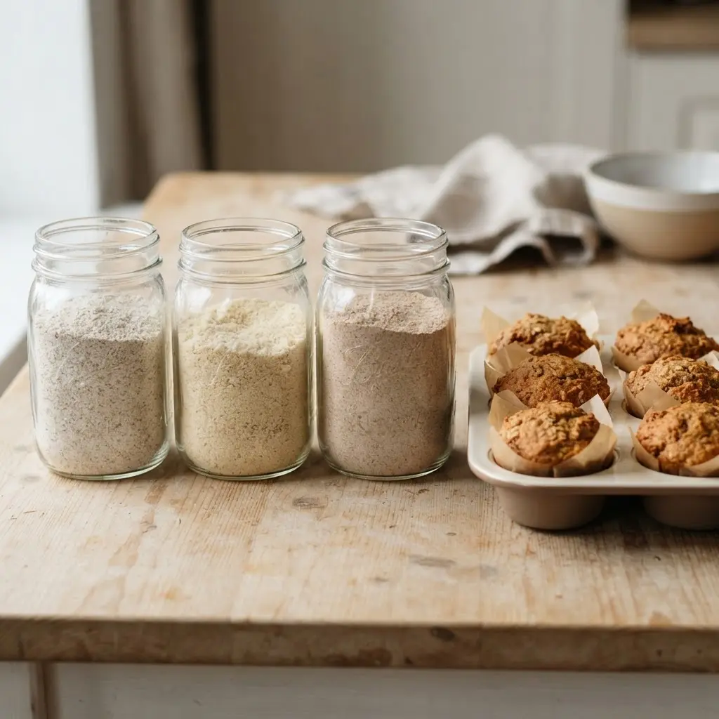 Jars of oat flour, almond flour, and whole-wheat flour beside muffins for healthy food replacement hacks.