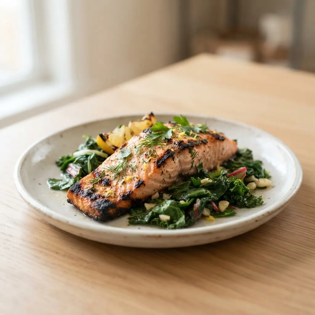 Lemon herb grilled salmon fillet with charred edges and greens for healthy grilling ideas.