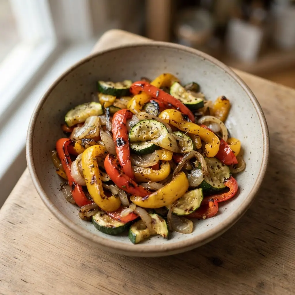 Red, yellow, and green bell peppers with onions and zucchini, lightly charred in a shallow serving bowl.