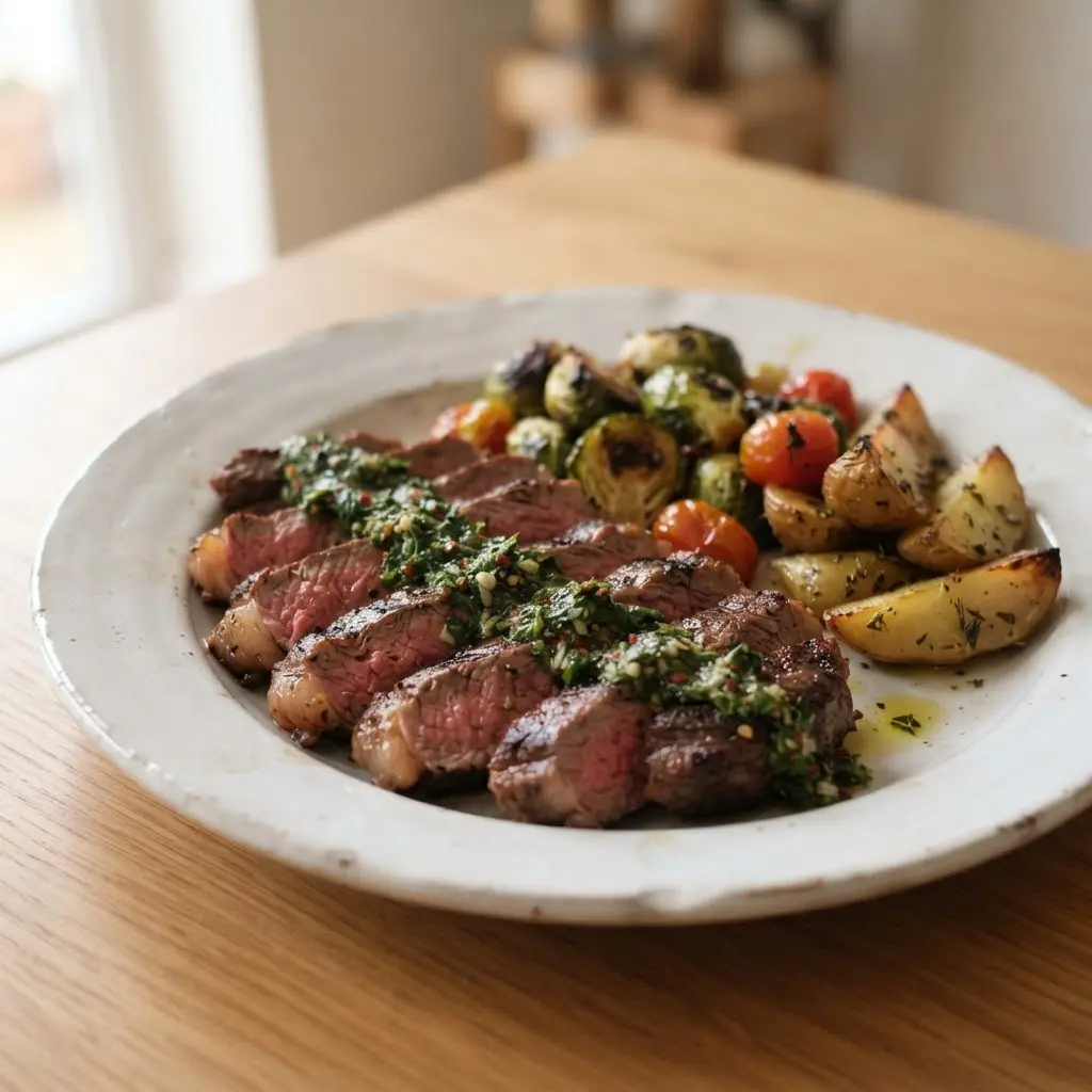 Grilled sirloin slices with green chimichurri, roasted vegetables, and healthy grilling ideas.