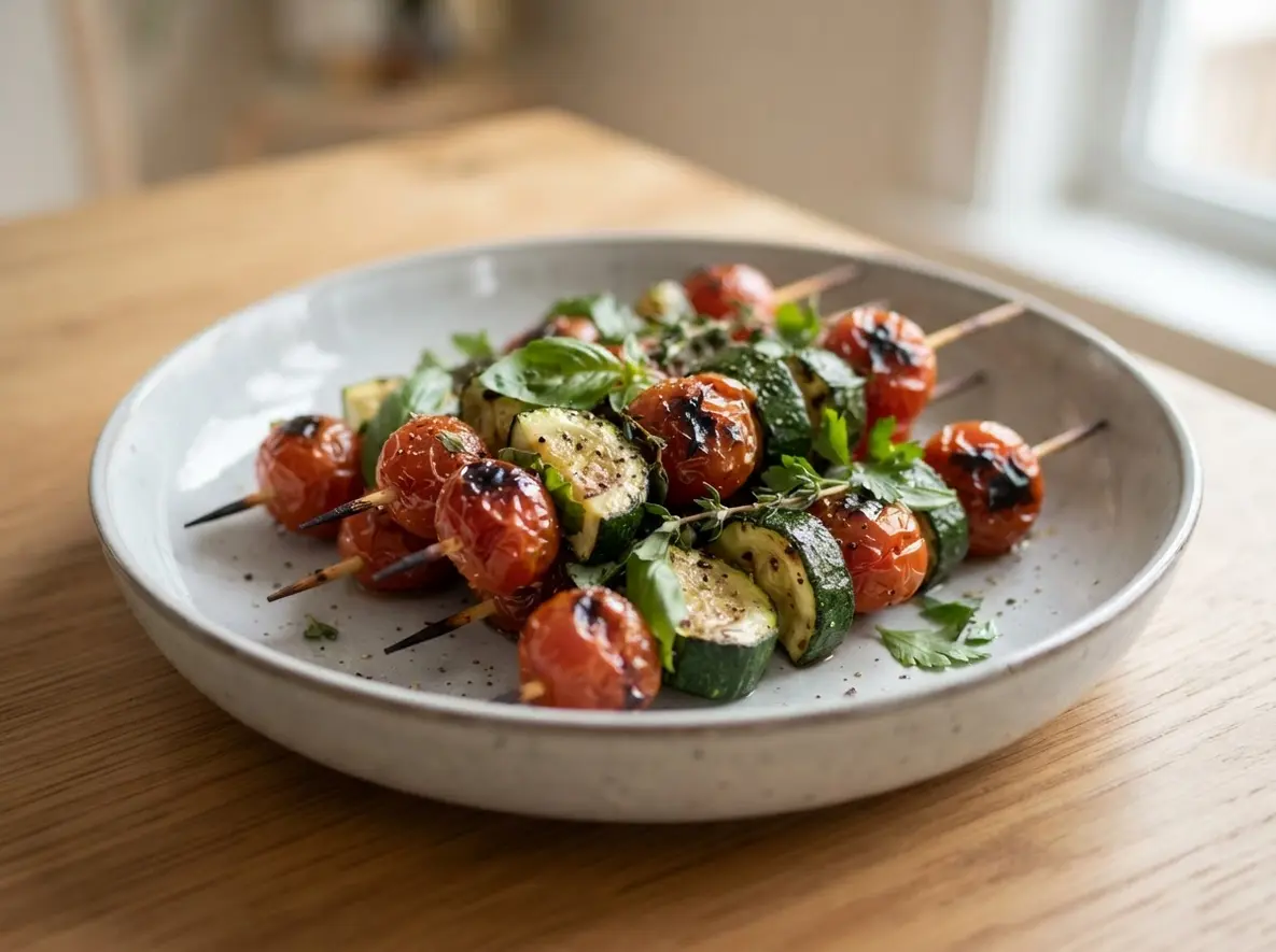 Balsamic vegetable skewers with roasted tomatoes, zucchini, red onion, and fresh garden herbs on a platter.