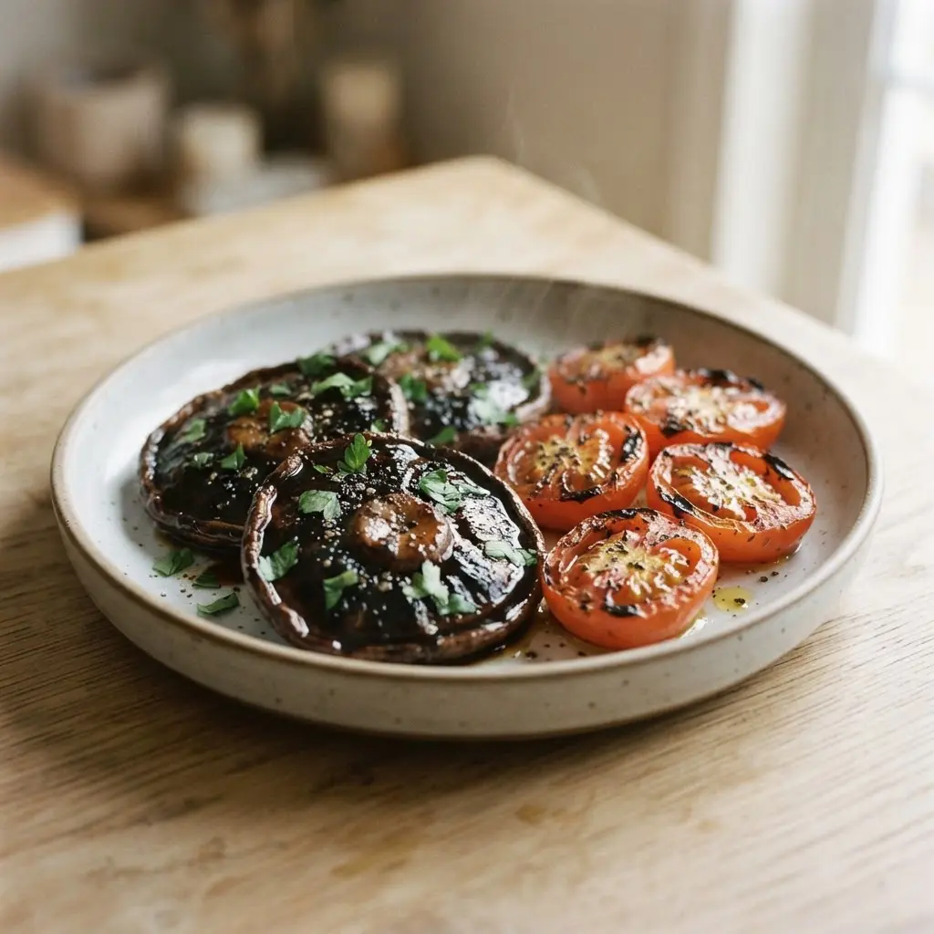 Two balsamic glazed portobello mushroom steaks with dark grill marks, herbs, and sliced tomatoes on a plate.