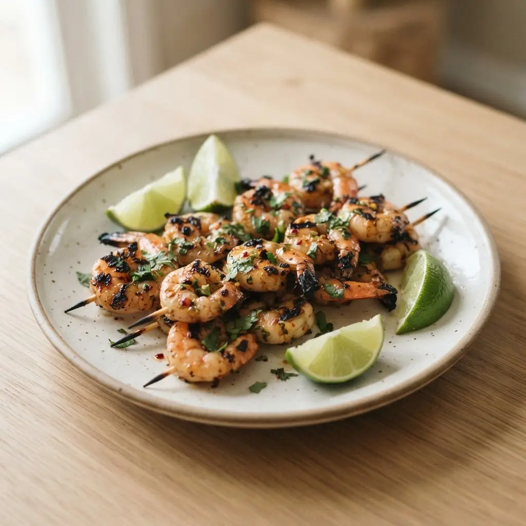 Charred chili lime shrimp skewers on a white plate with herbs and lime wedges for healthy grilling ideas.