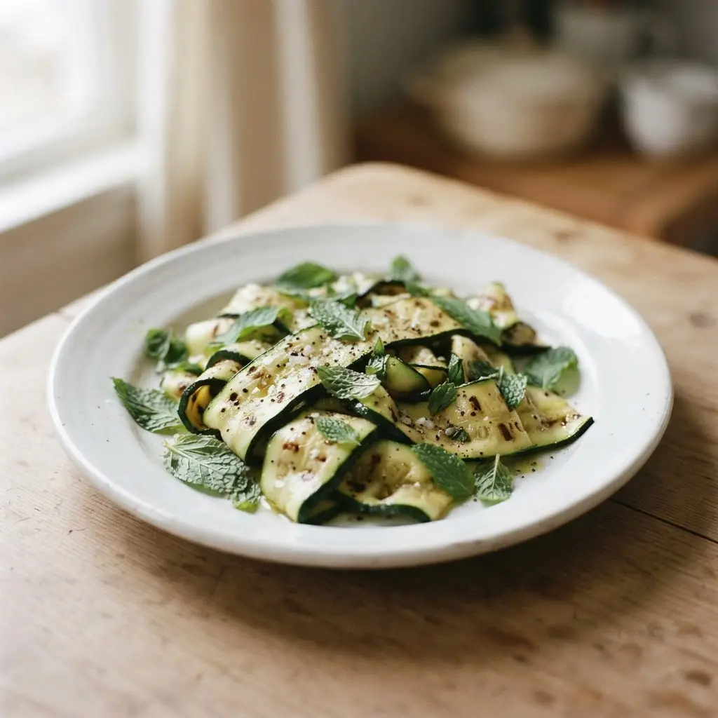 Thin grilled zucchini ribbons curled on a platter with fresh mint leaves and light brown grill marks.