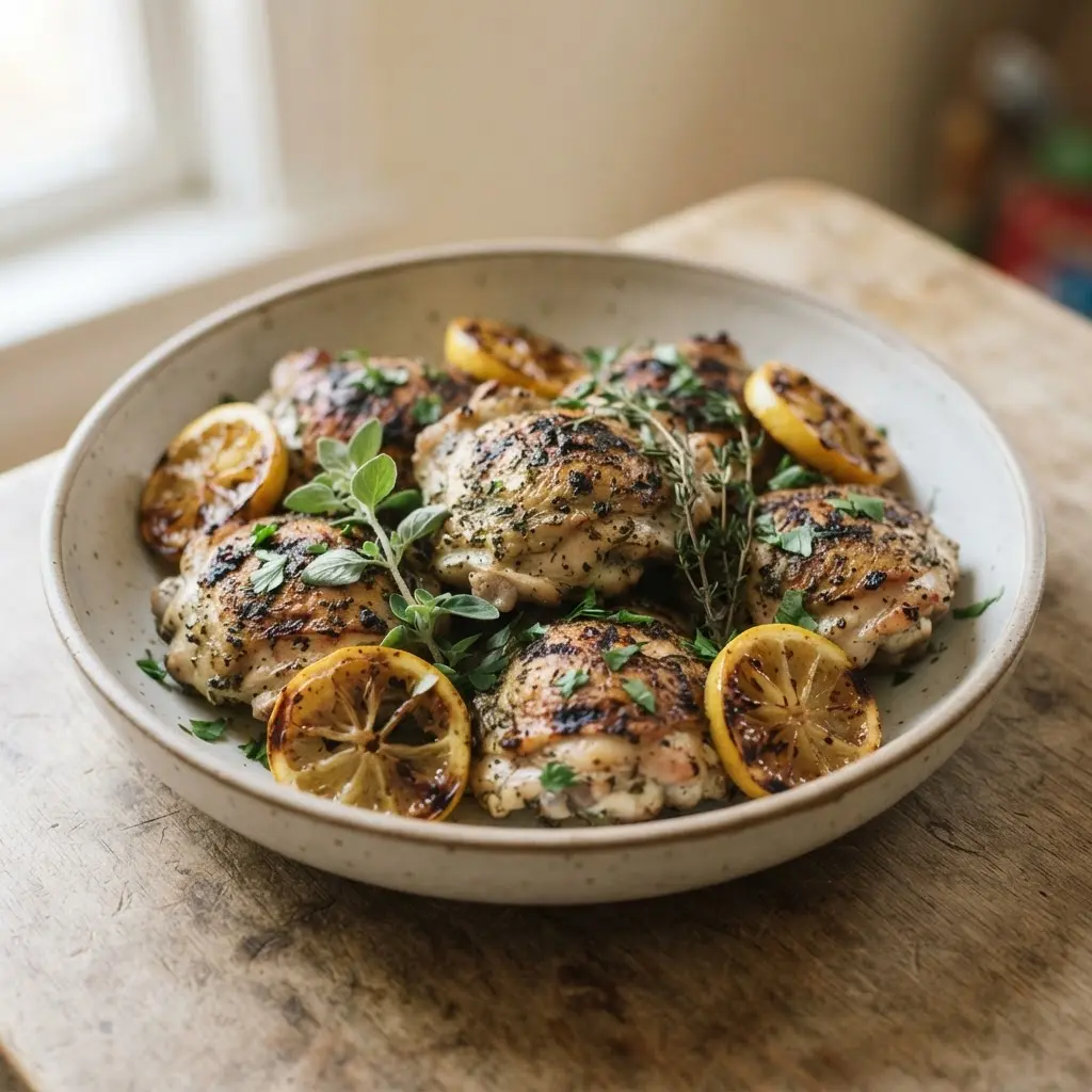 Mediterranean grilled chicken thighs with herbs, lemon, and char marks for healthy grilling ideas.