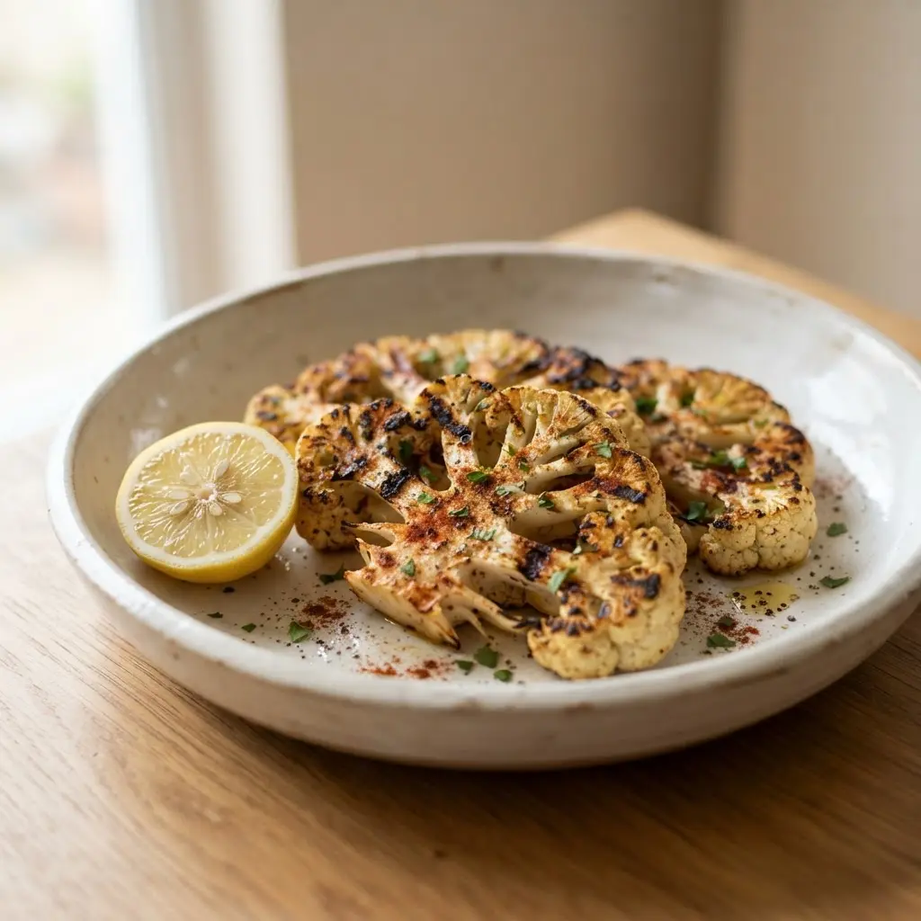Thick cauliflower steaks with smoky paprika seasoning, browned grill marks, parsley, and lemon wedges.